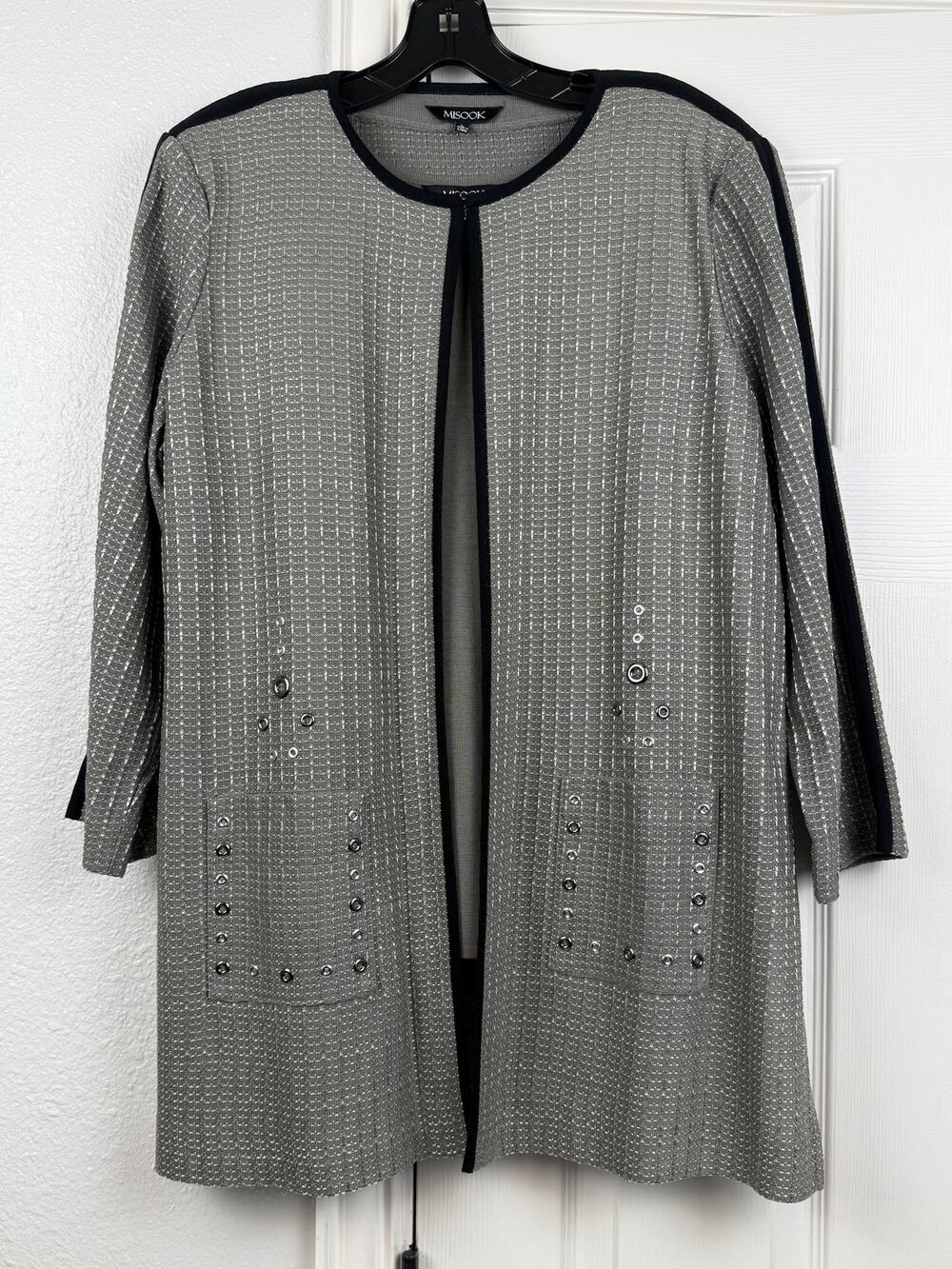 Misook Womens Tweed Rhinestone Trim Open Jacket Size Large Gray Black Old Money